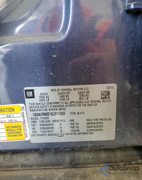 2014 GMC Acadia Slt-1 z USA, uszkodzony, nr VIN 1GKKVRKD1EJ311358